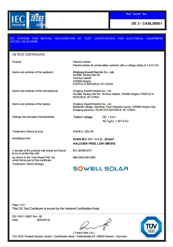 SOWELLSOLAR fotovoltaiske kabler modtager TÜV SÜD IECEE-CB certificeringsgenkendelse